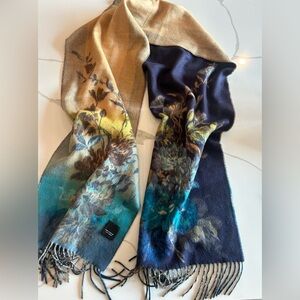 Lord & Taylor Floral Blanket Scarf- Wrap Scarf- two-tone colorwave- fringe.